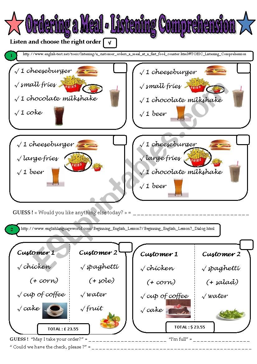 Ordering a Meal - 2 Listening Comprehensions