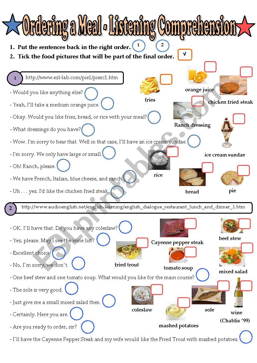 Ordering a meal - 2 listening Comprehensions