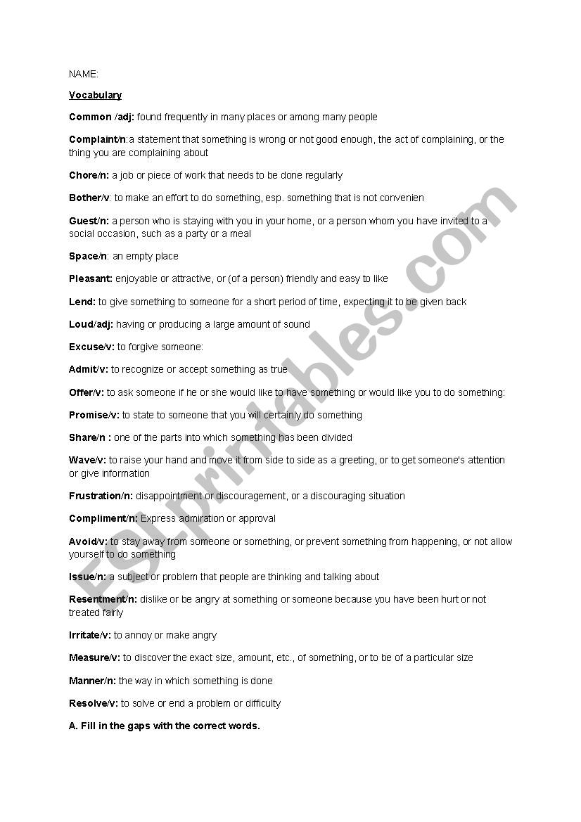 Vocabulary / mixed tense worksheet