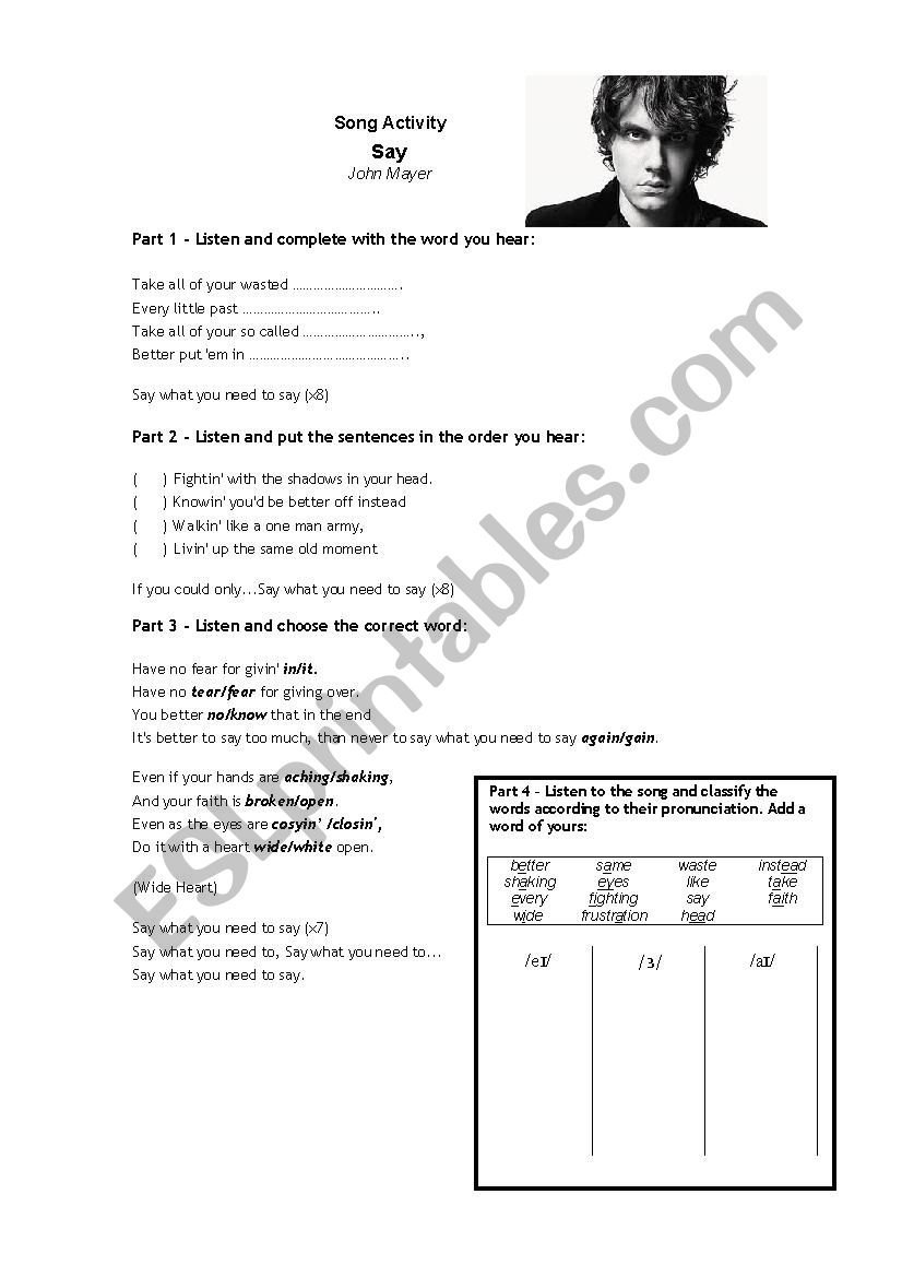 Song by John Mayer worksheet