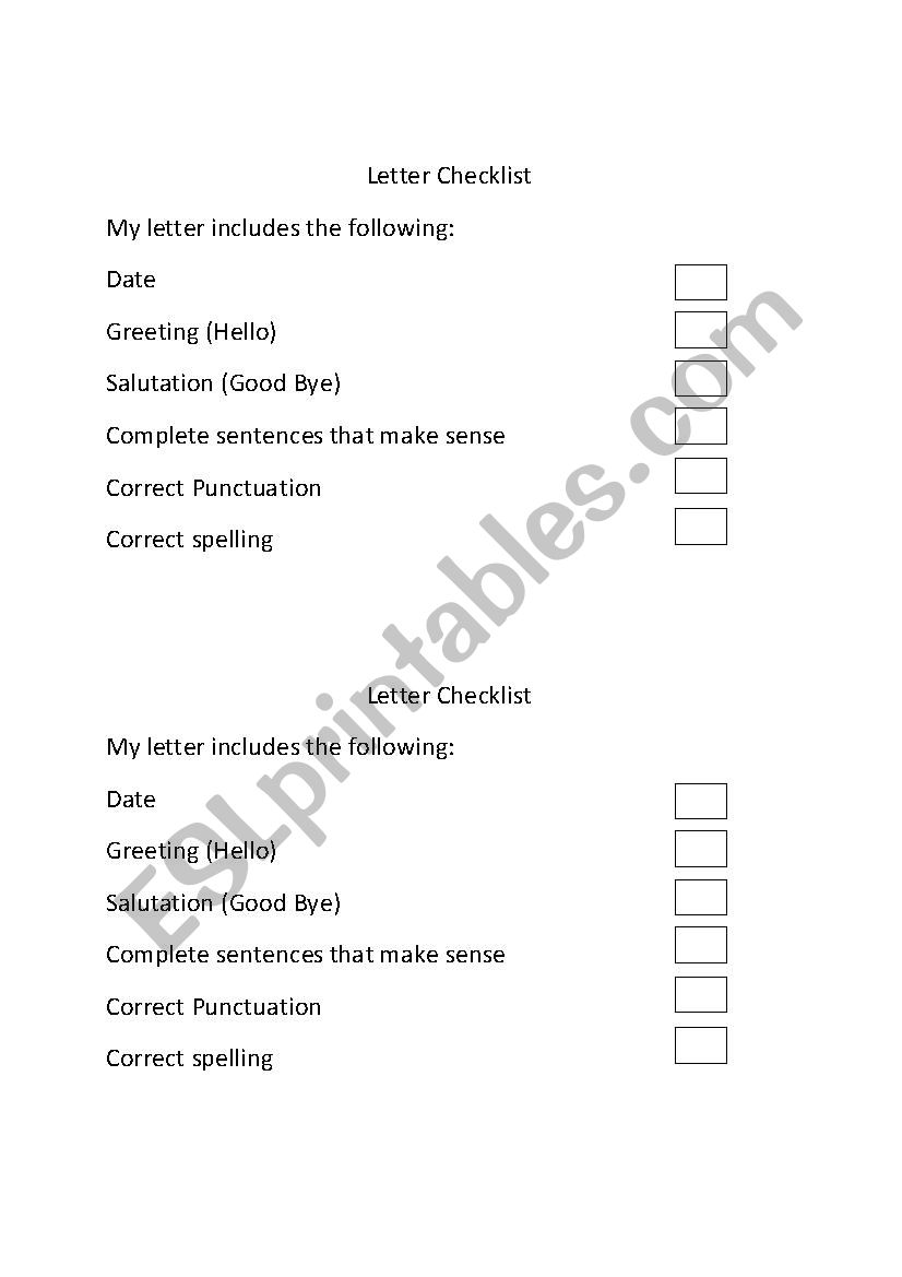 Letter Checklist worksheet