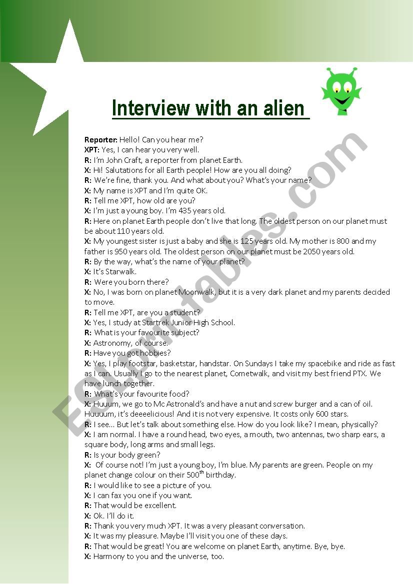An Interview with an alien worksheet