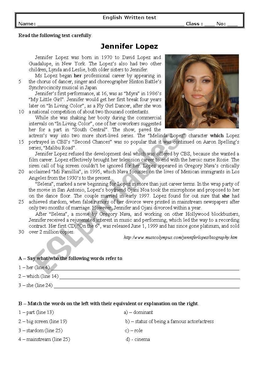 Test 9th grade (Jennifer Lopez)