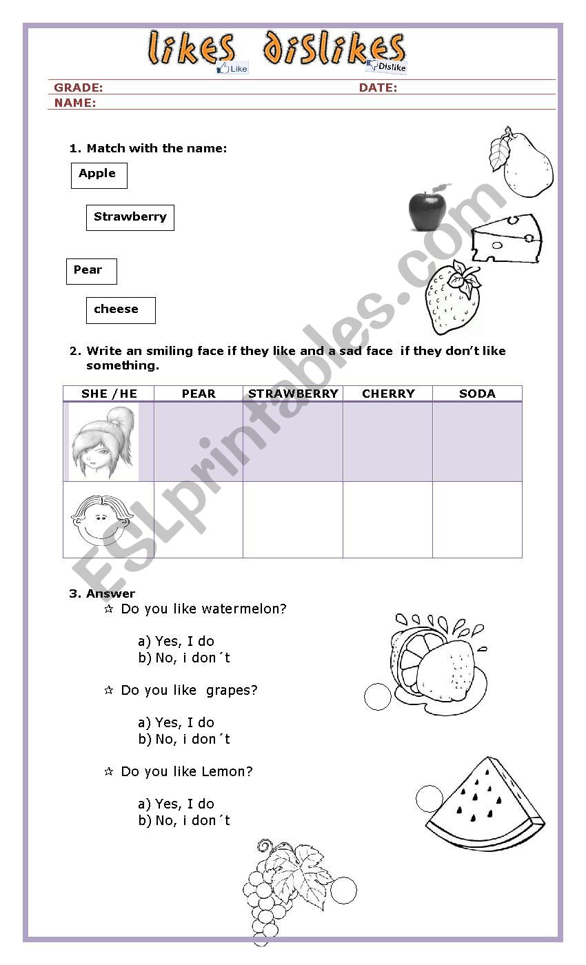 LIKES AND DISLIKES worksheet