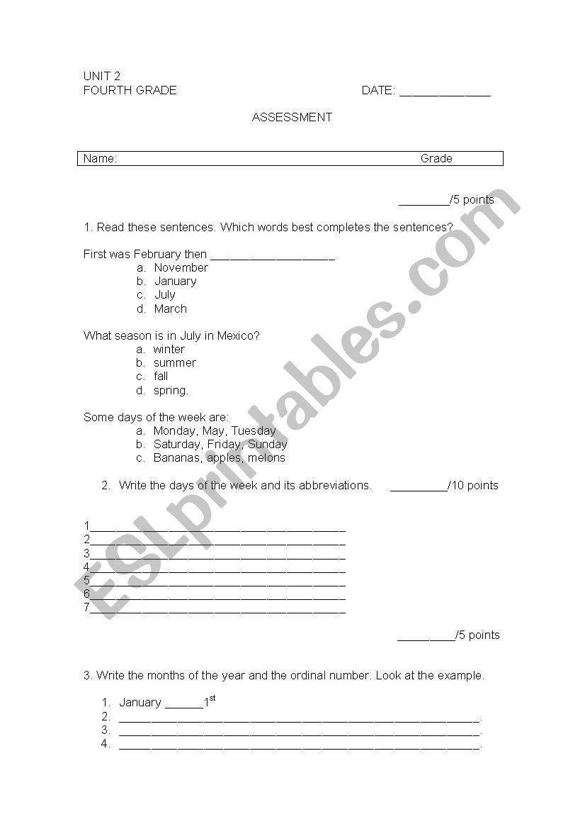 exam fourth grade worksheet