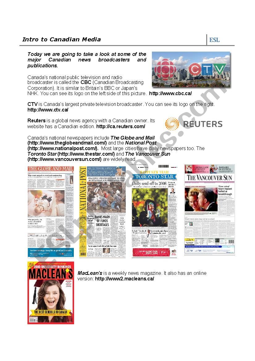 Intro to Canadian Media worksheet Intro to Canadian Media worksheet