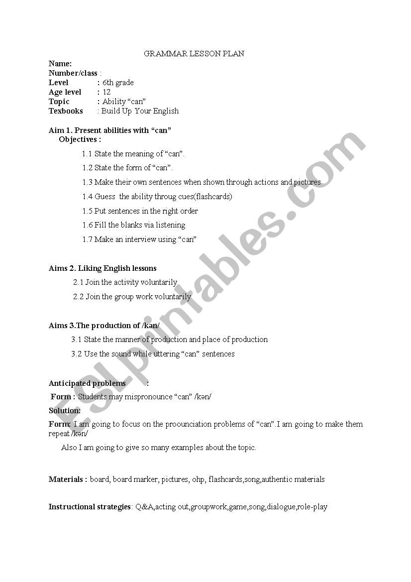 Grammar lesson plan worksheet