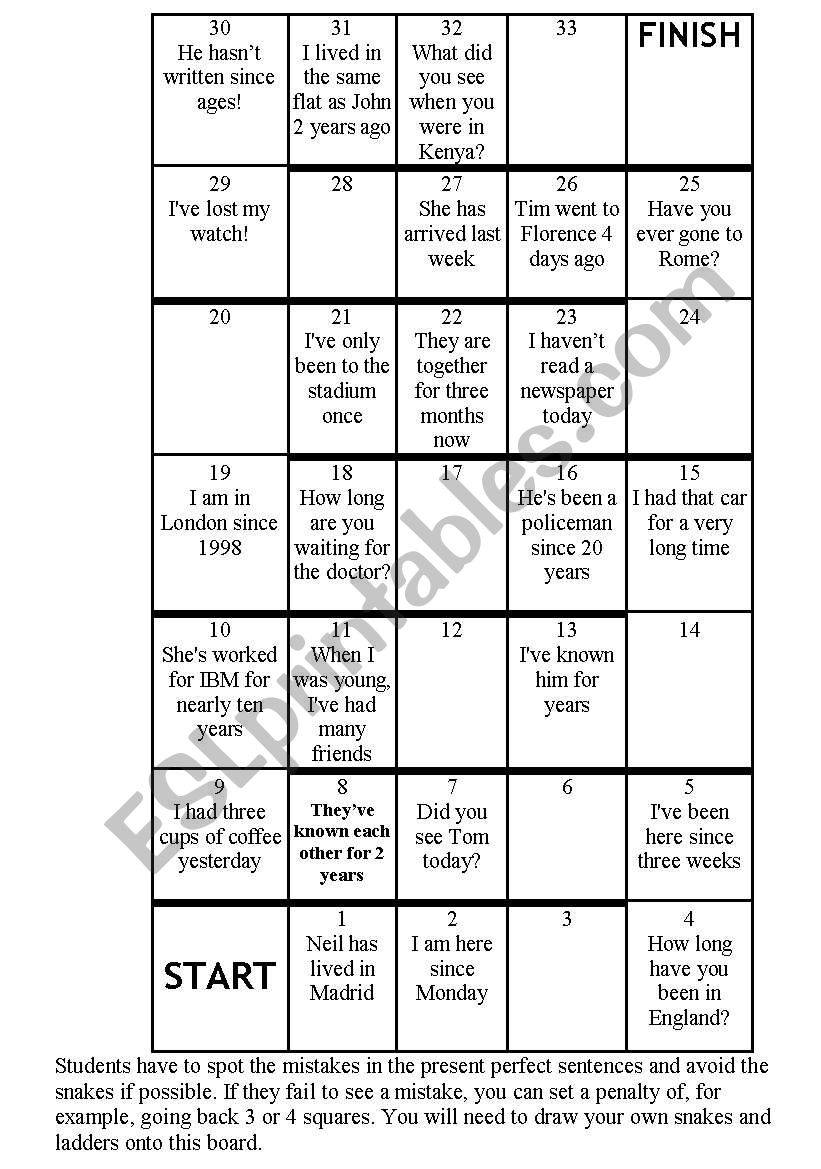 present perfect with snakes and ladders