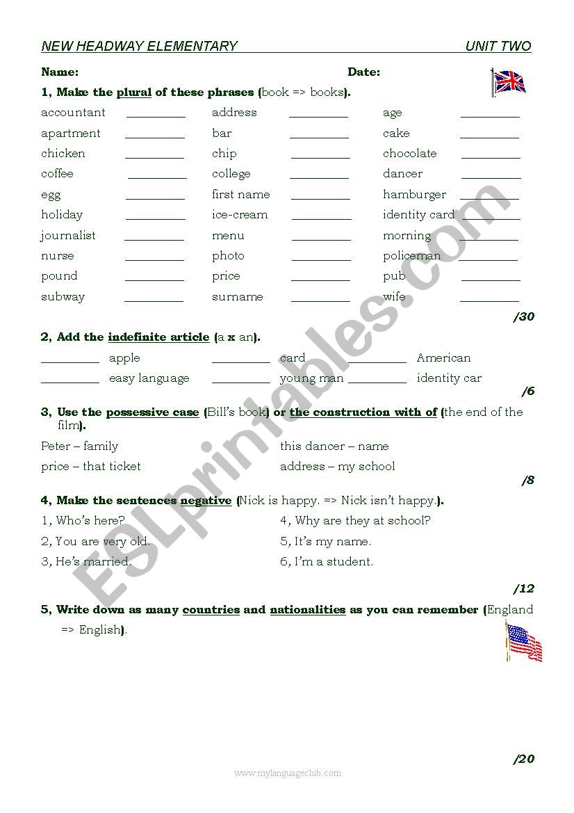 New Headway Elementary Third Ed. Unit TwoTest