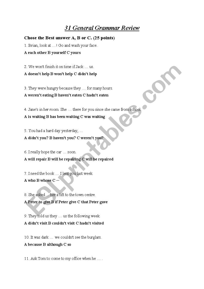 GENERAL GRAMMAR TEST worksheet