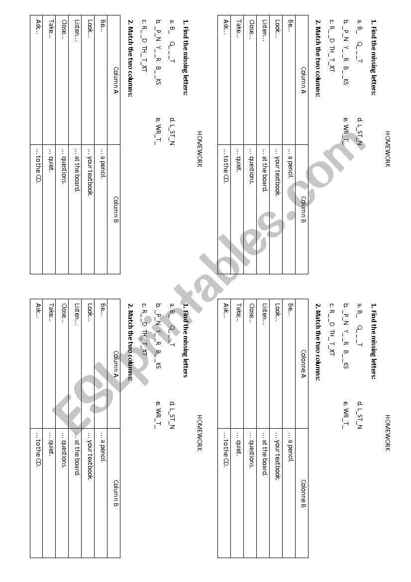 classroom English homework worksheet