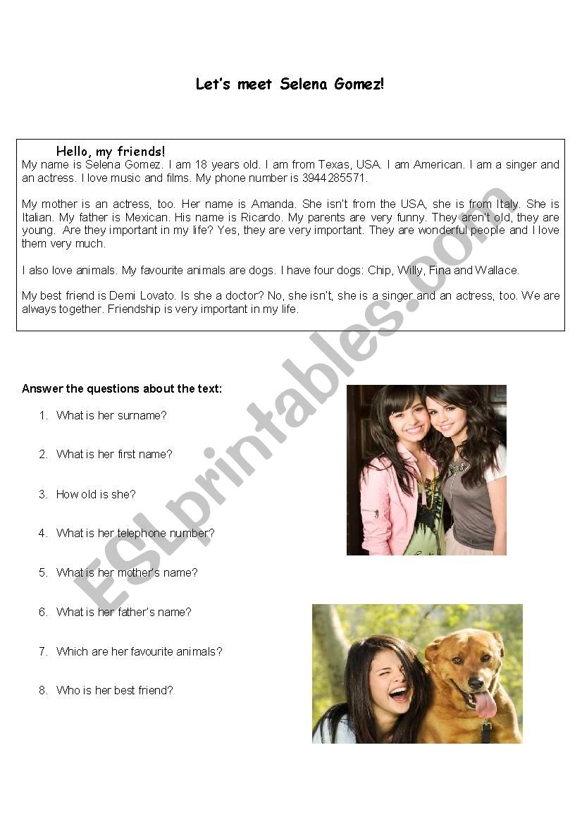 Lets meet Selena Gomez worksheet