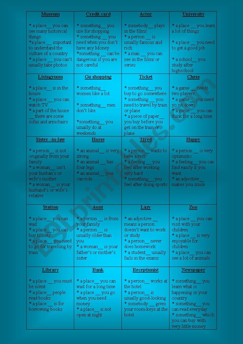 relative clause game worksheet