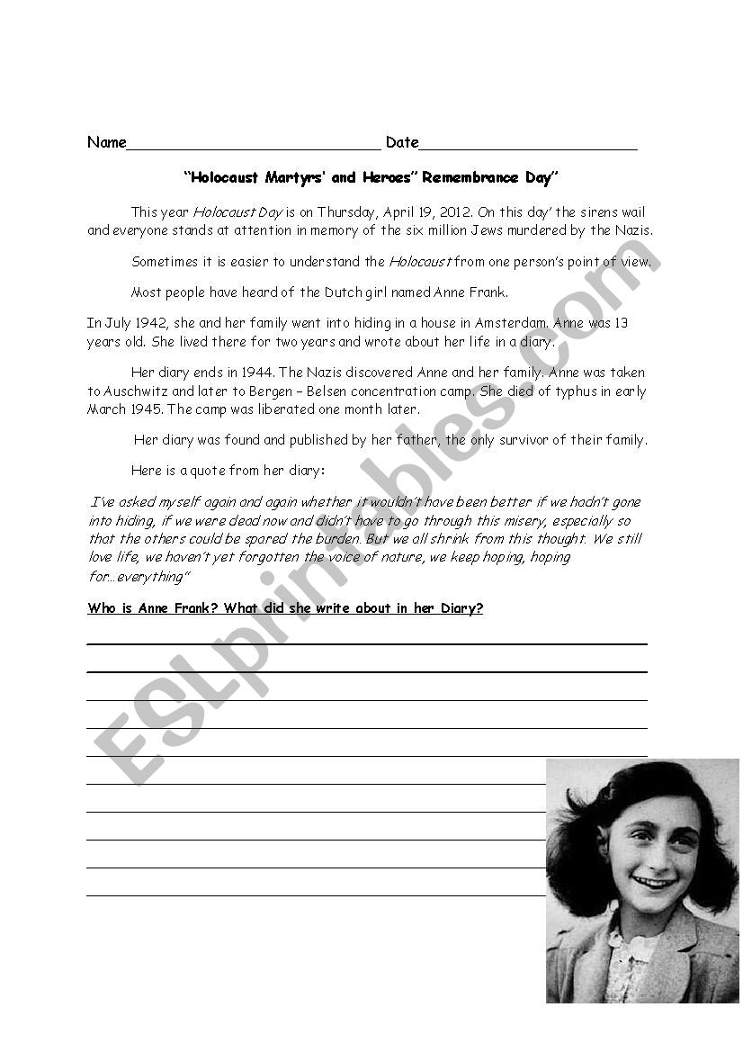 Anne frank Holocaust Day worksheet