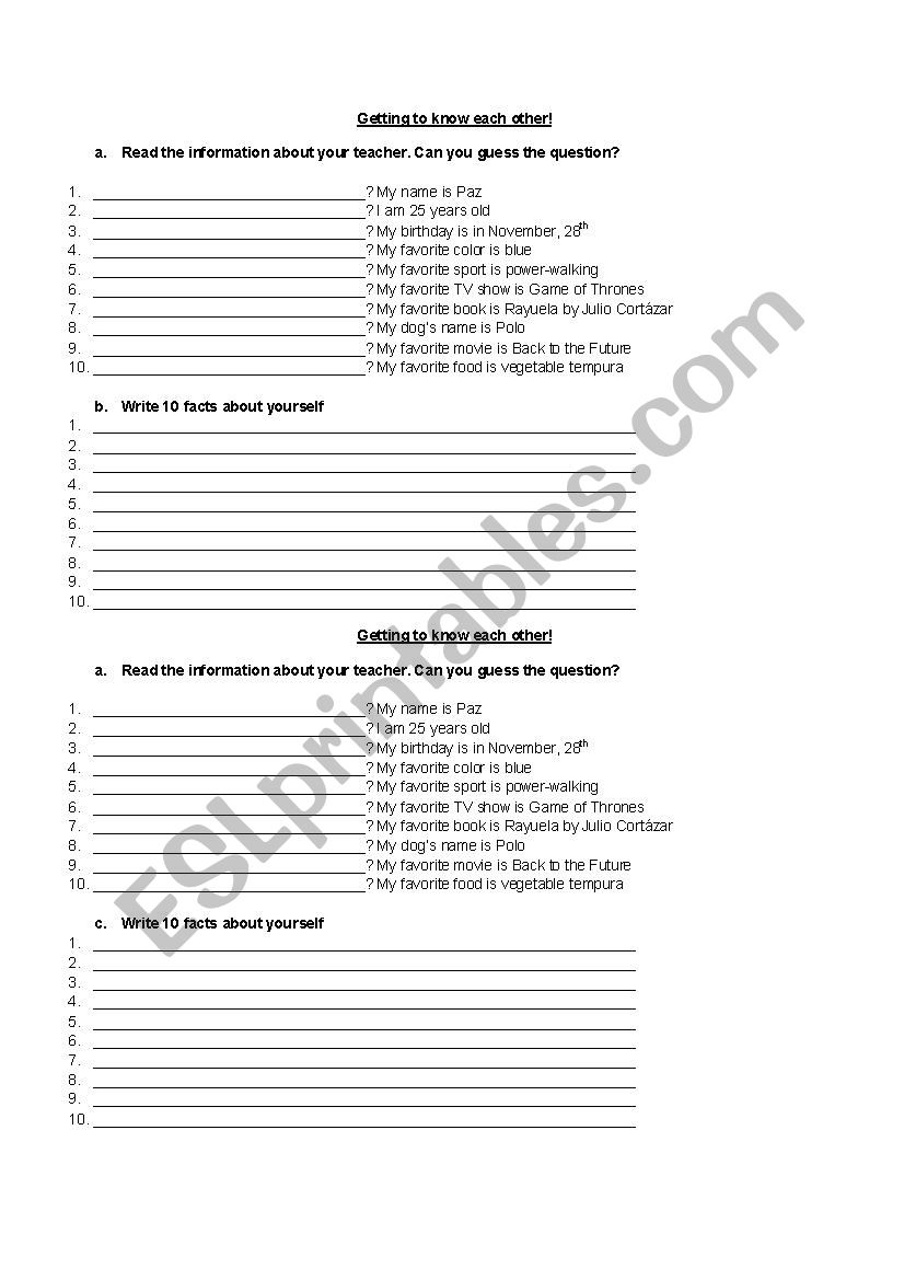 Getting to Know Students worksheet