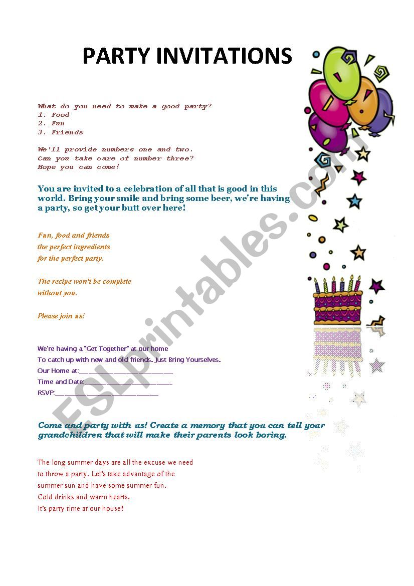 Party Invitations worksheet