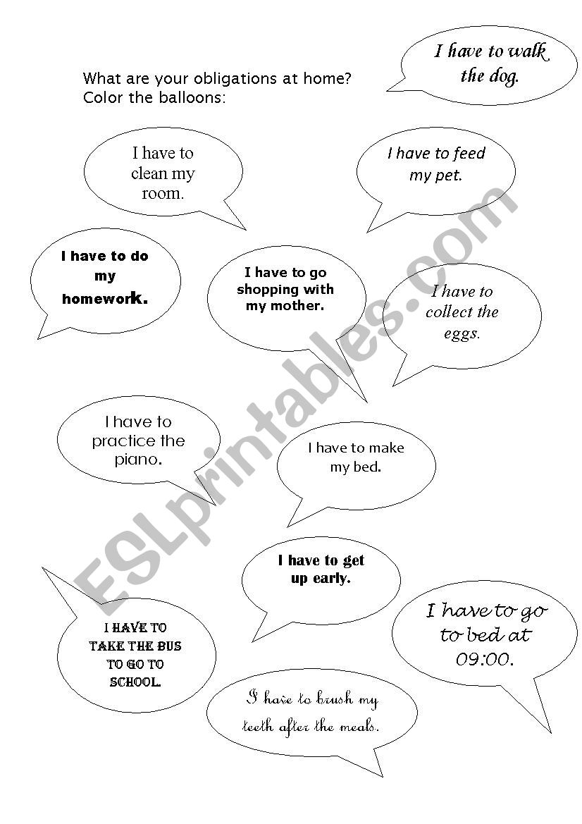 Obligations at home worksheet