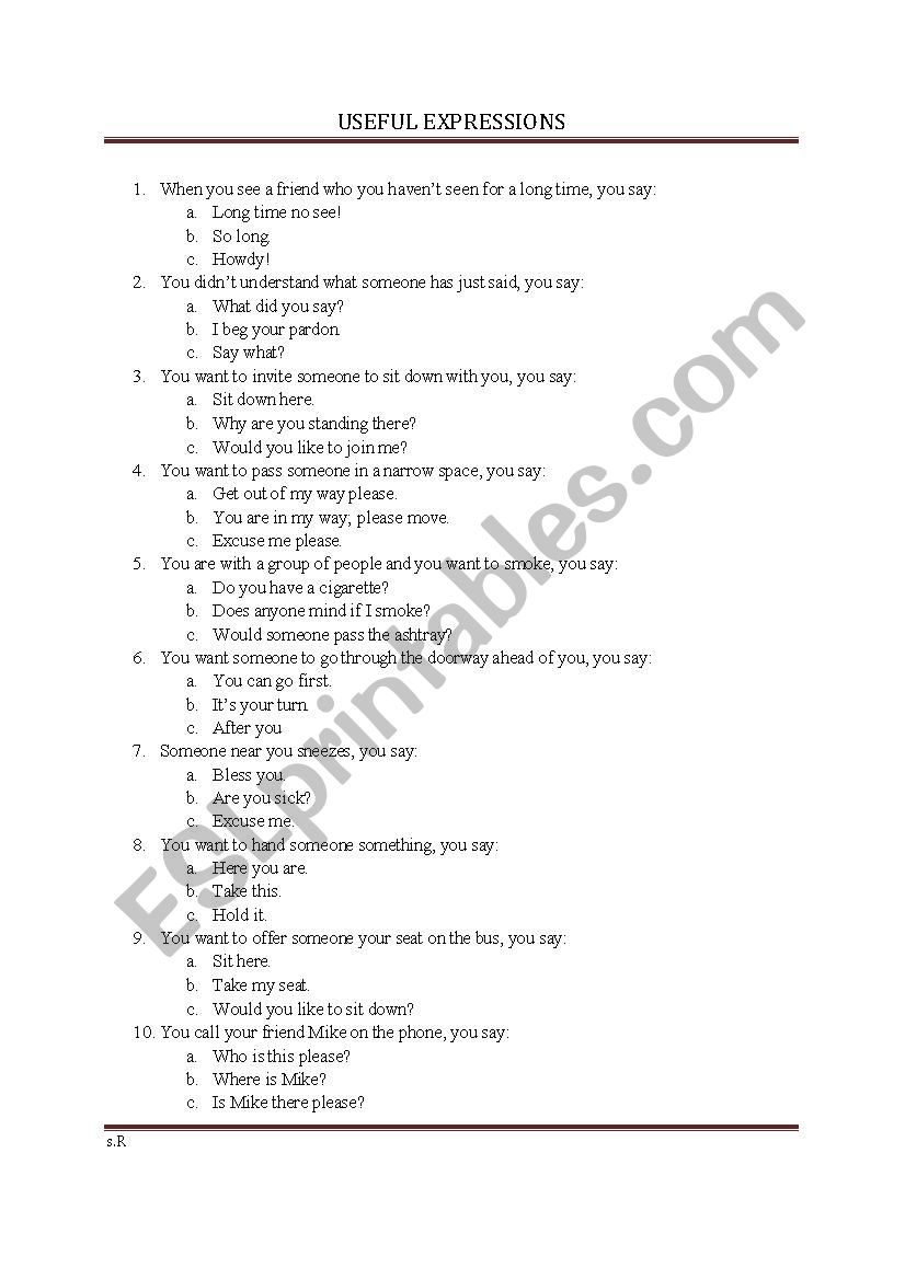 Useful Expressions worksheet