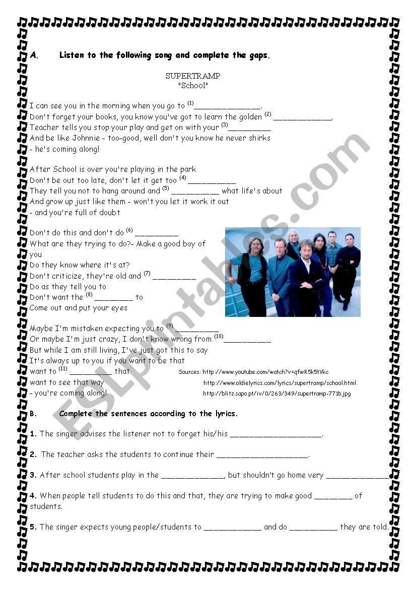 School by Supertramp worksheet