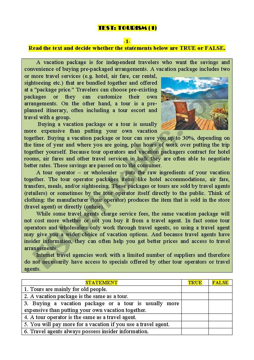 Test: TOURISM (1) worksheet