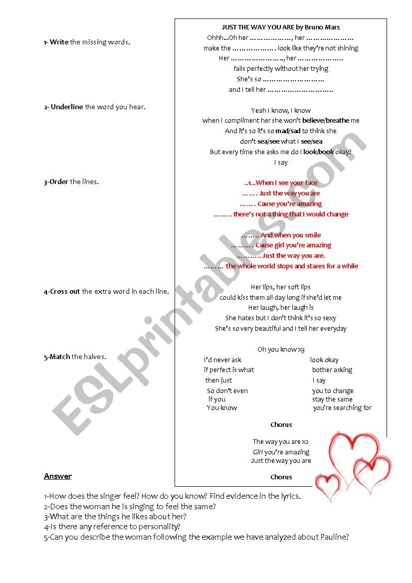 Just the way you are- song worksheet