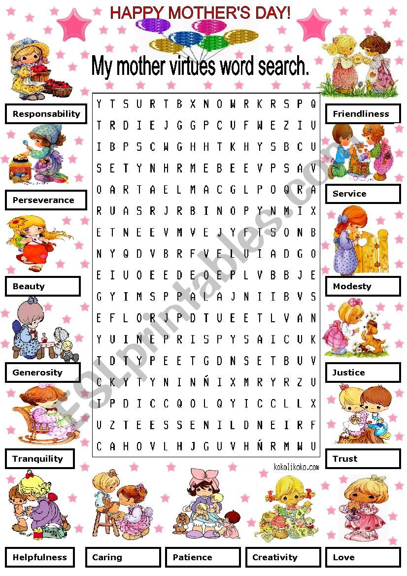 MY MOTHER VIRTUES WORD SEARCH worksheet