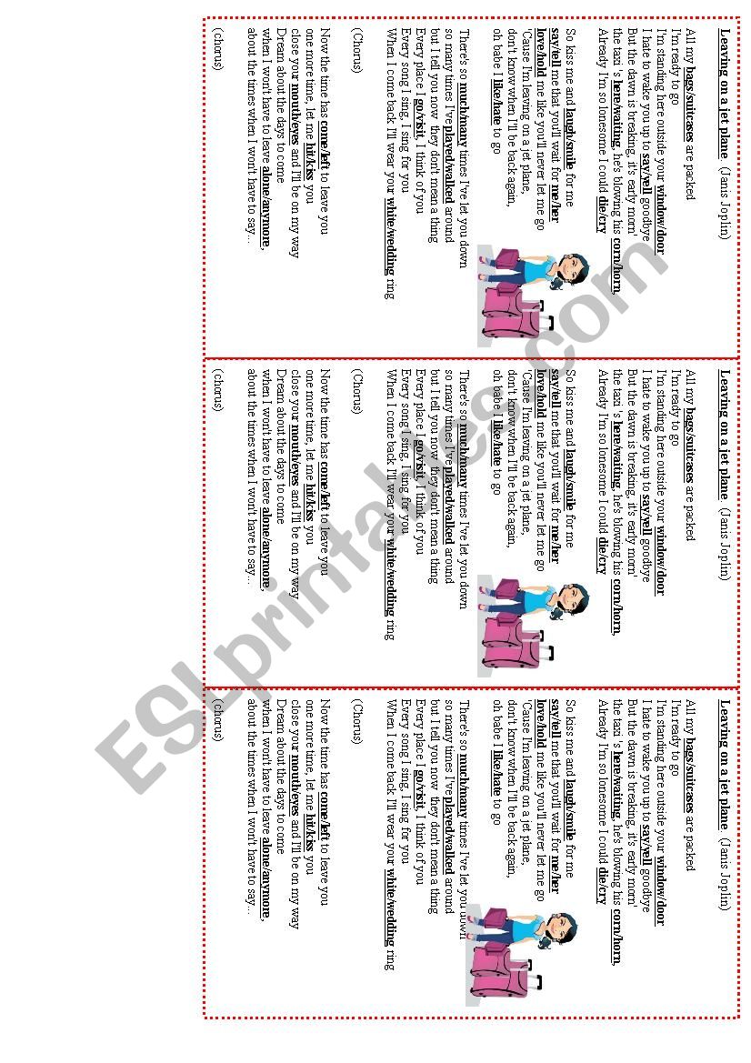 Leaving on a jet plane song worksheet