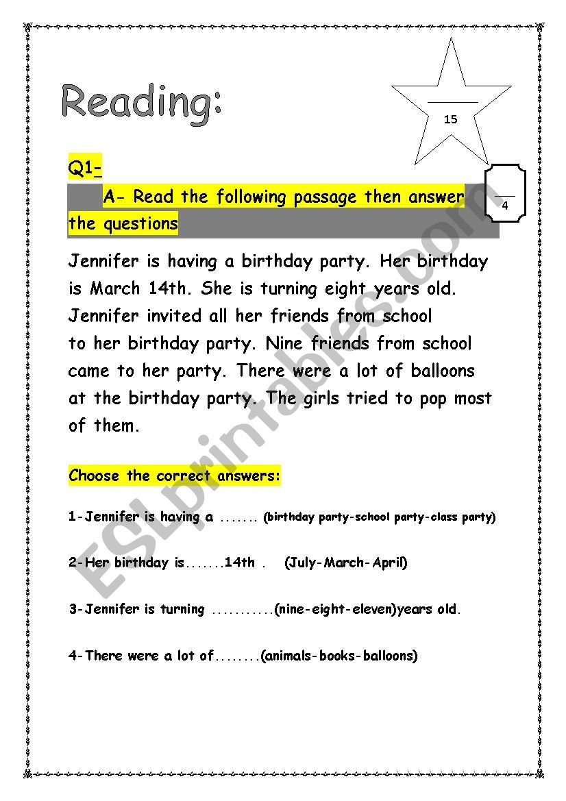 grade 4 test worksheet