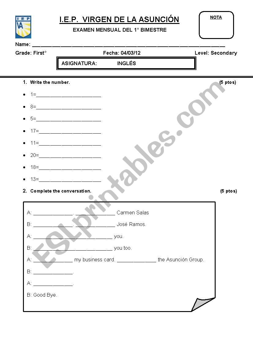 Exam worksheet