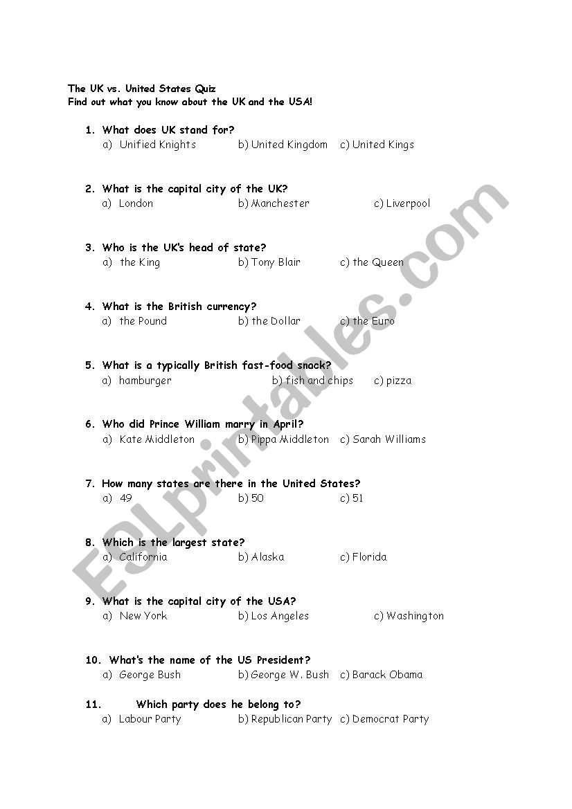 UK and USA quiz worksheet