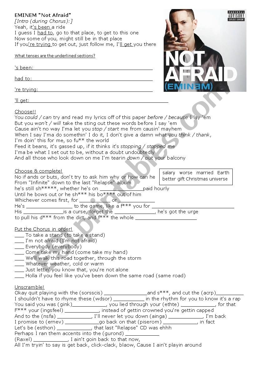 Eminem Song Not Afraid worksheet