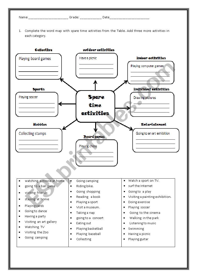 freetime  activities word map worksheet