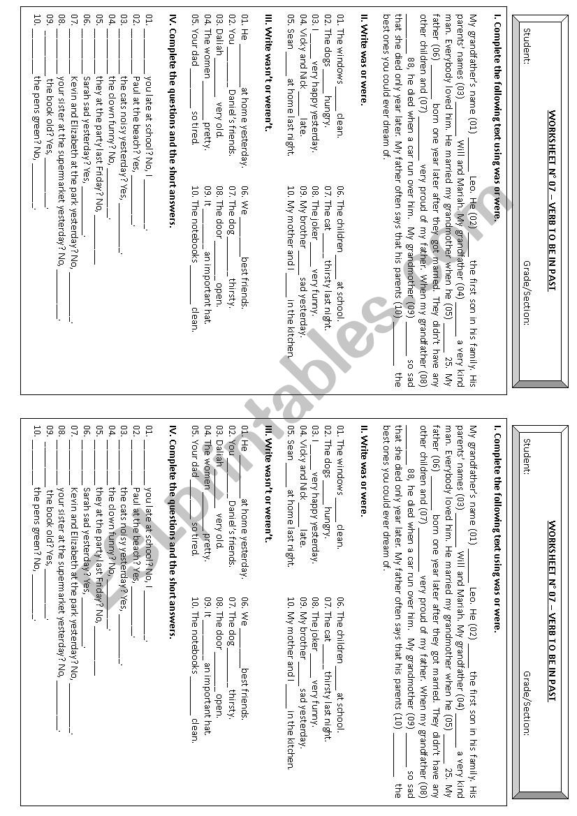 Verb To Be in Past worksheet