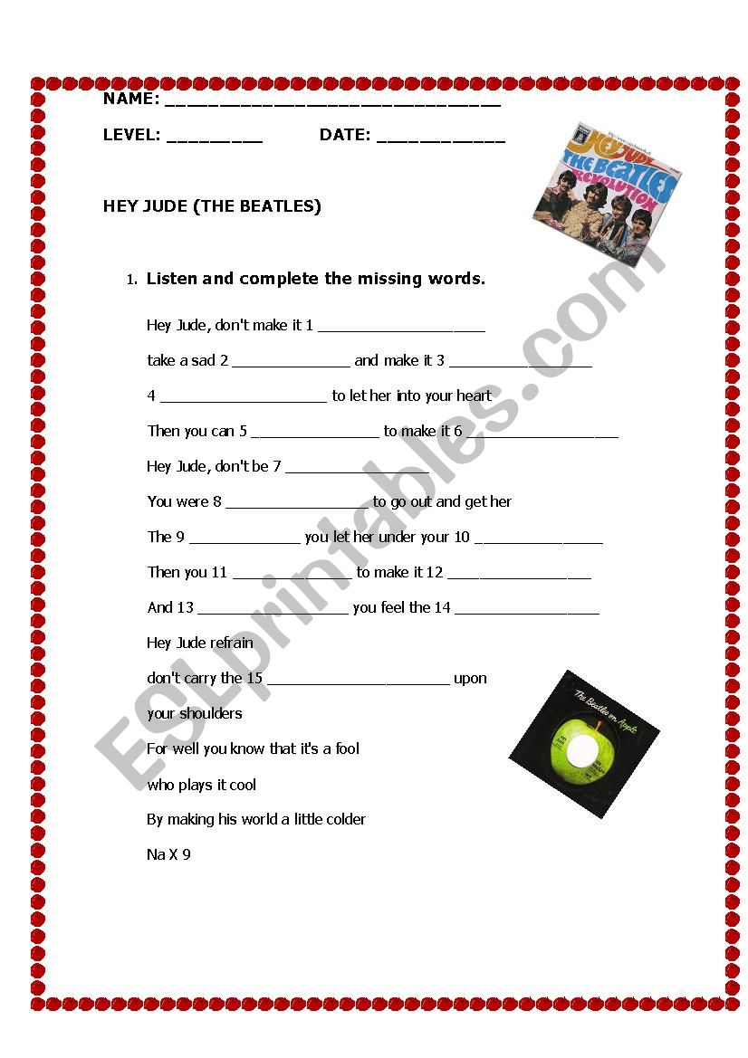 Hey Jude (The Beatles) worksheet