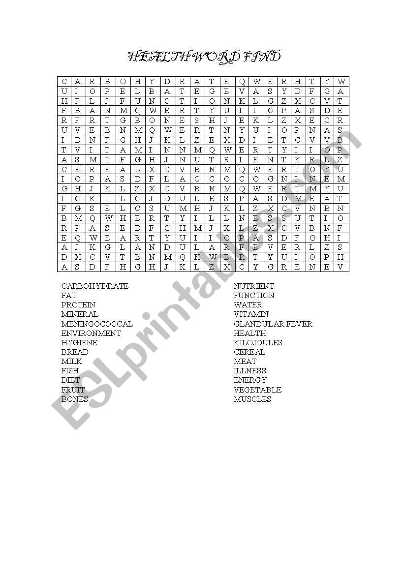Health Word Find worksheet
