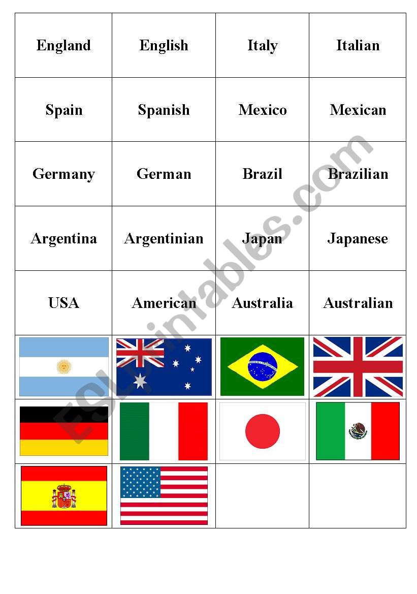 Countries, Nationalities and Flags Memory Game