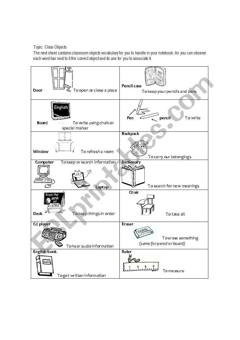 Classroom objects worksheet