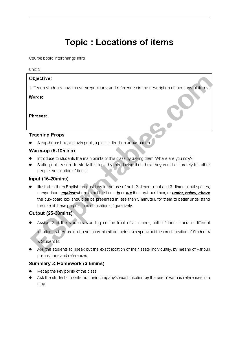 lotcation of items worksheet