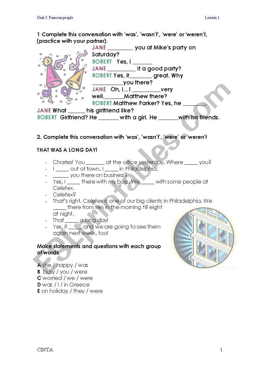 past of verb to be worksheet