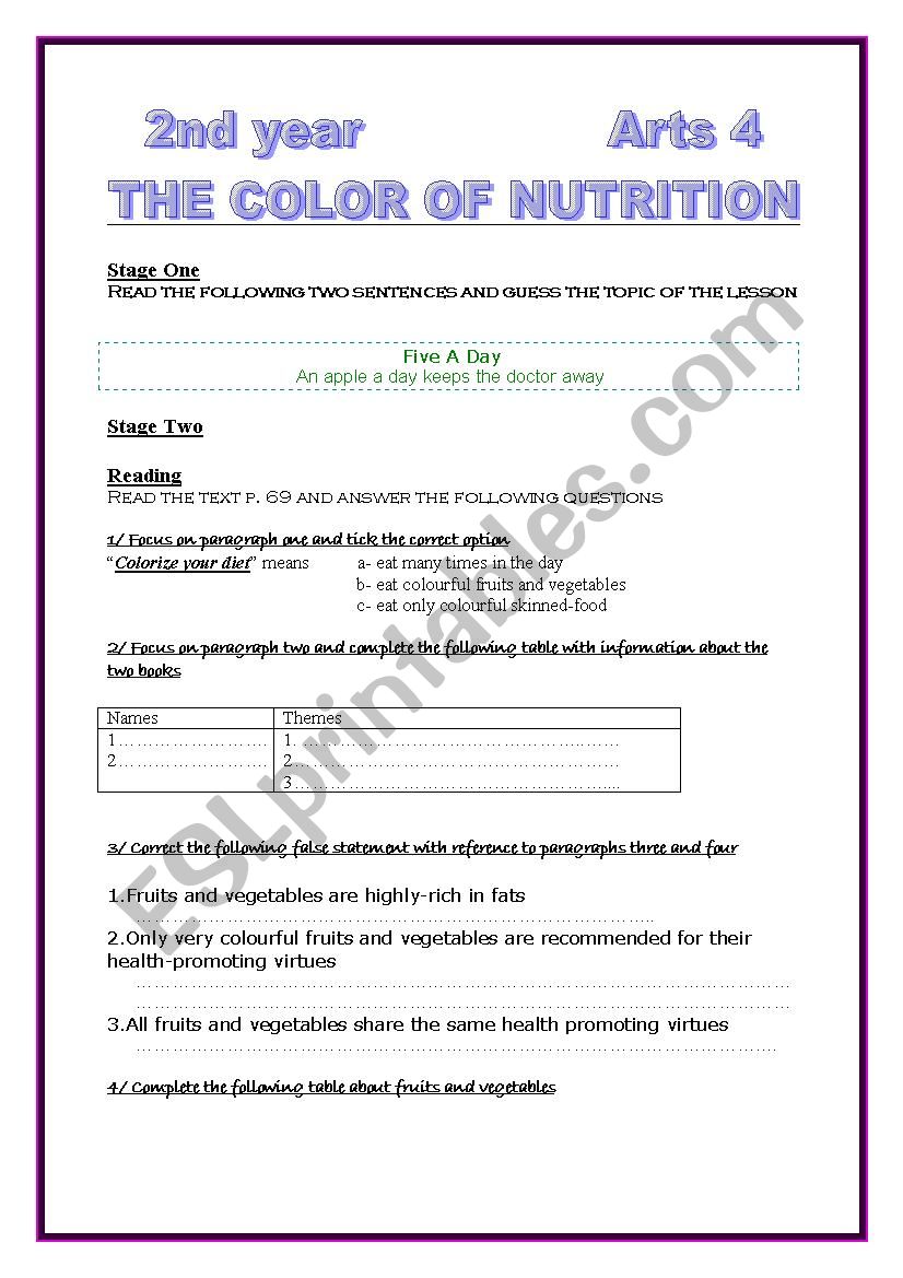 color of nutrition worksheet