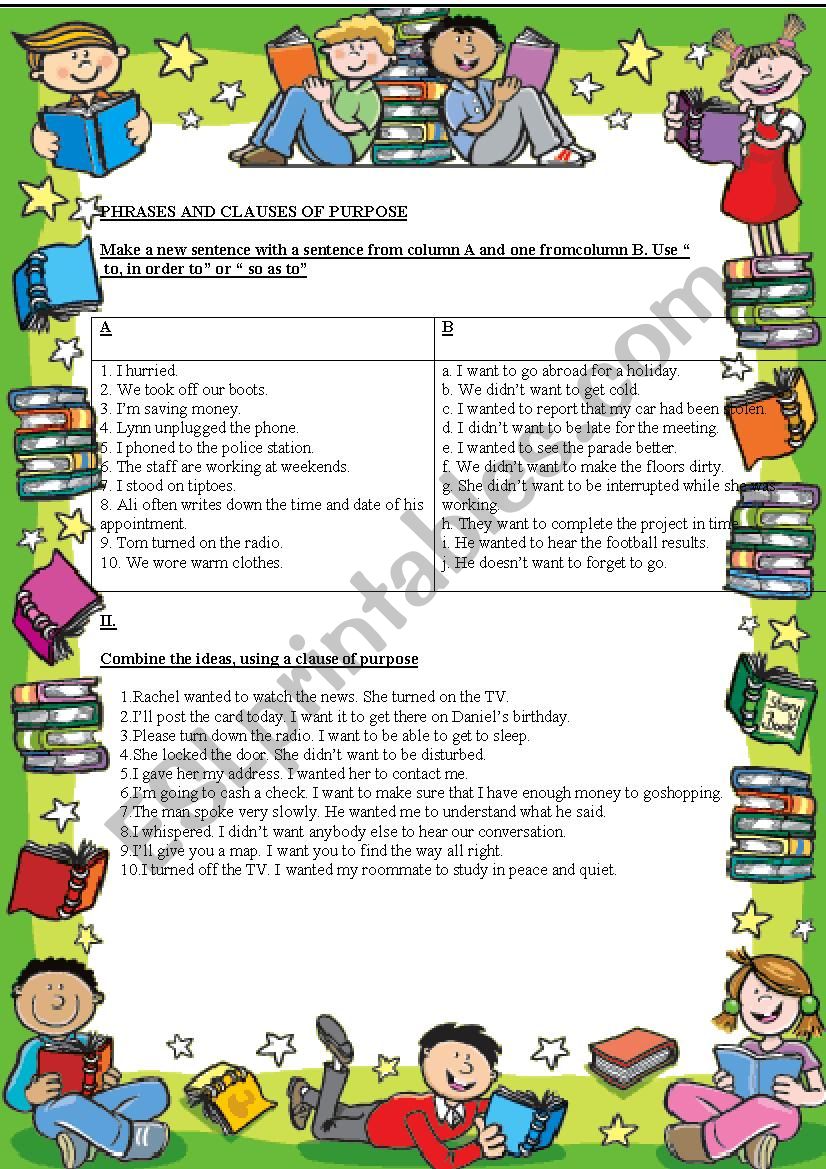 Clauses of Purpose worksheet