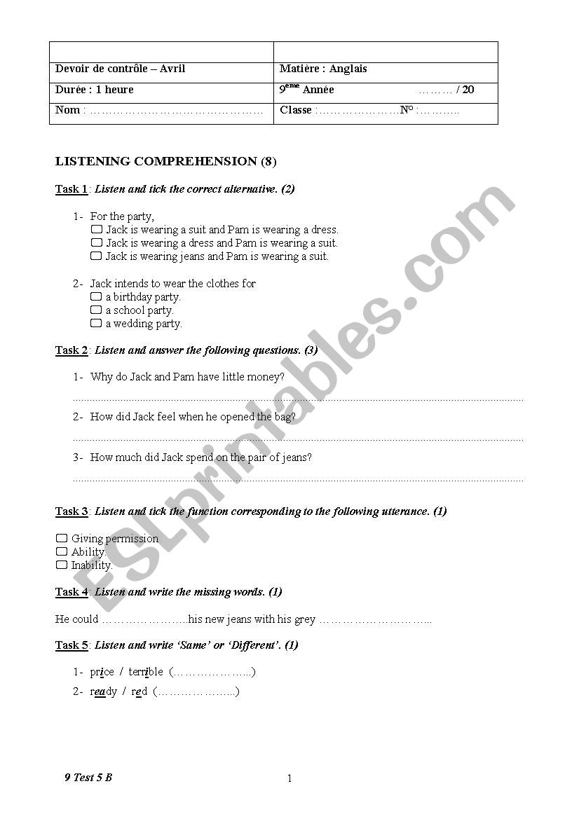 9 Form Test 5 B worksheet