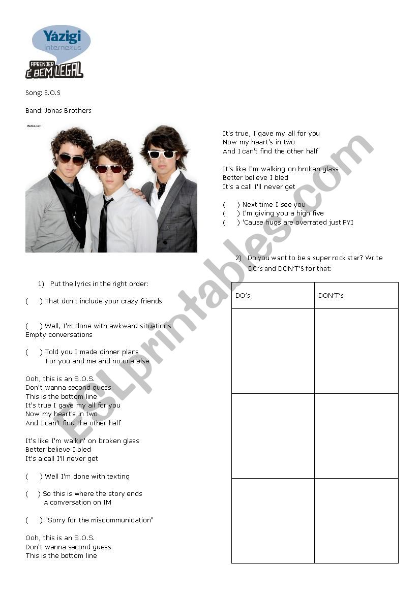 S.O.S Jonas Brothers worksheet
