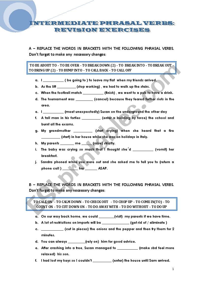 Intermediate Phrasal Verbs Test ESL Worksheet By April