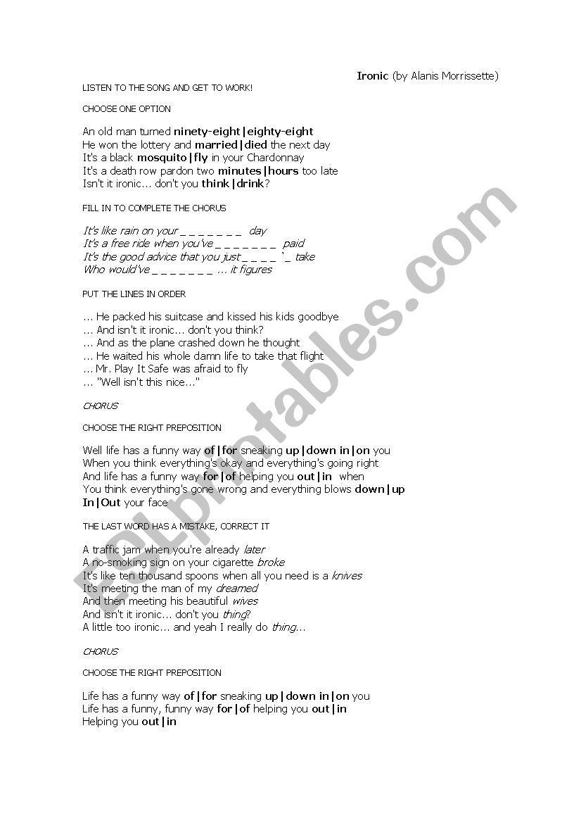 IRONIC by Alanis Morrissette worksheet