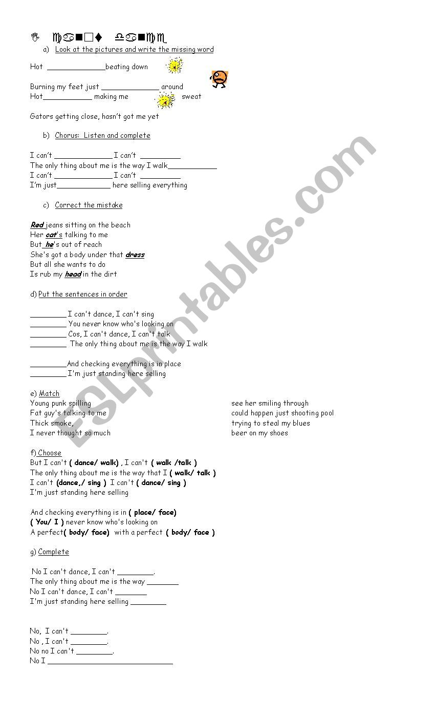 I cant dance by Genesis worksheet