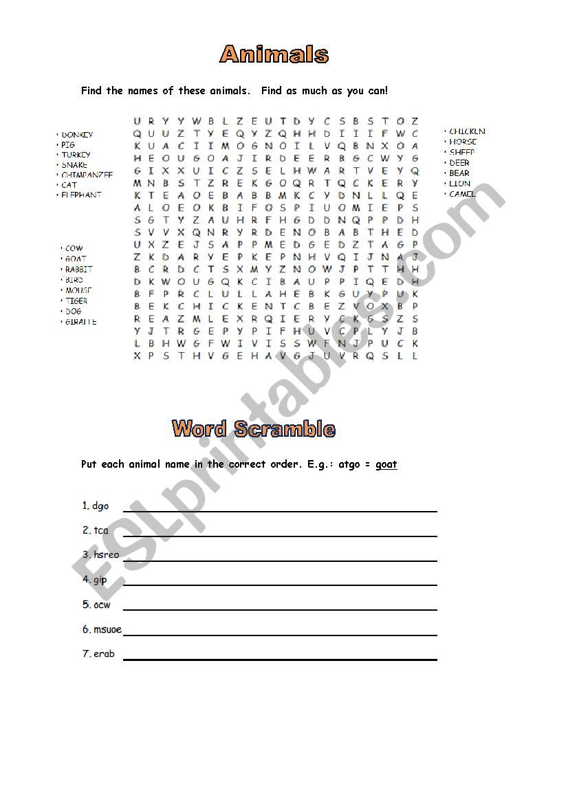 animals worksheet