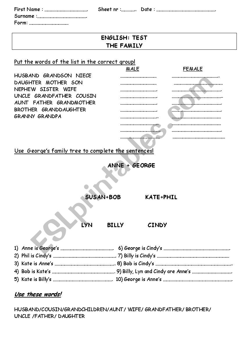 The Family written test worksheet