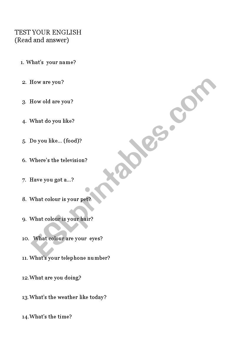 Test your English worksheet