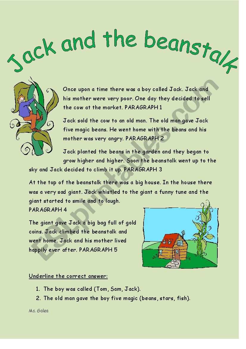 Jack and the Beanstalk Reading Comprehension